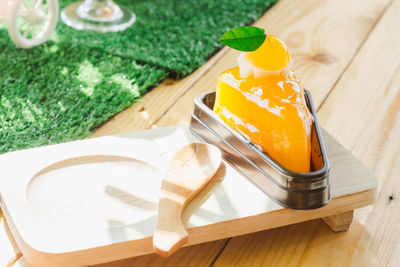 High angle view of dessert on table