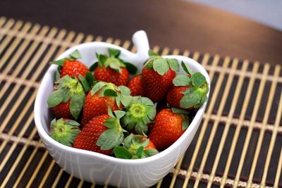 High angle view of strawberries in bowl on table