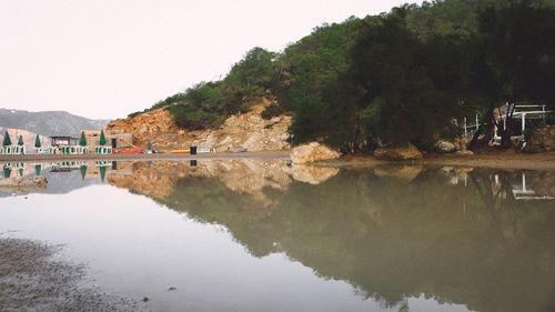 Reflection of trees in lake against sky