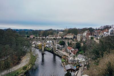 High angle view of bridge over river against sky