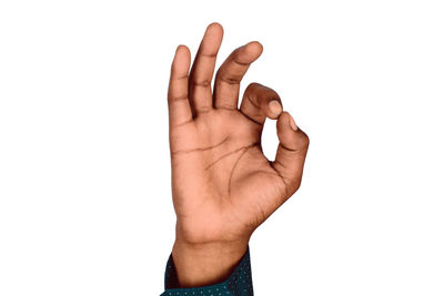 Close-up of human hand against white background