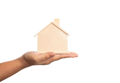 Close-up of person holding small hand against white background