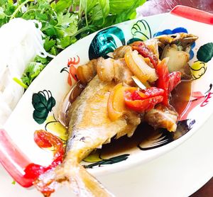 Close-up of seafood in plate on table