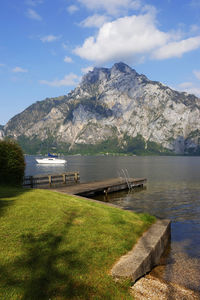 Scenic view of sea and mountains against sky