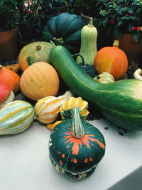 High angle view of pumpkins in market