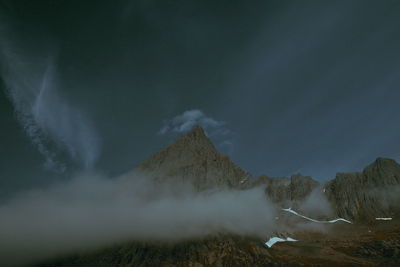 Scenic view of landscape against sky in foggy weather