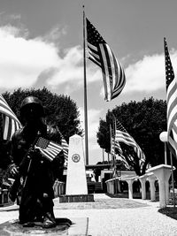 Low angle view of men flag against sky