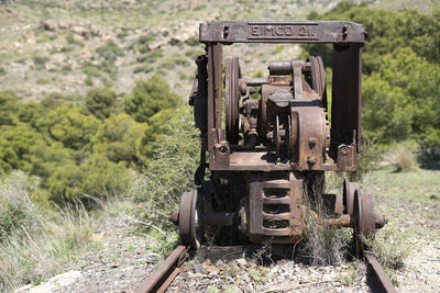 Abandoned train on field