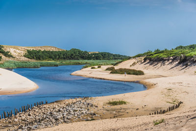 Scenic view of beach against clear blue sky