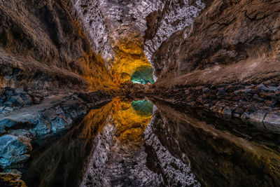 Scenic view of calm lake with rock formation