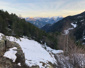 Scenic view of snowcapped mountains against sky during winter