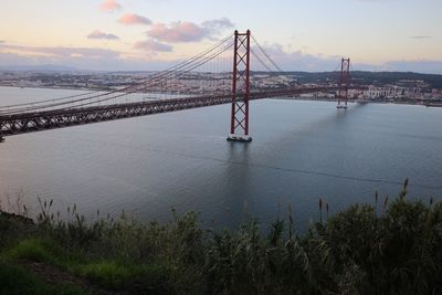 View of suspension bridge over river