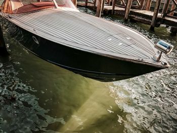 High angle view of boat moored on sea