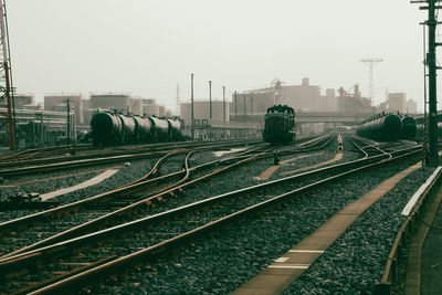 Train on railroad tracks against clear sky