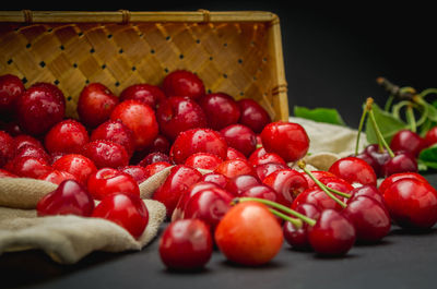 Close-up of strawberries in basket on table