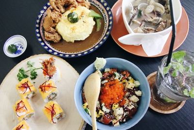 High angle view of food in plate on table