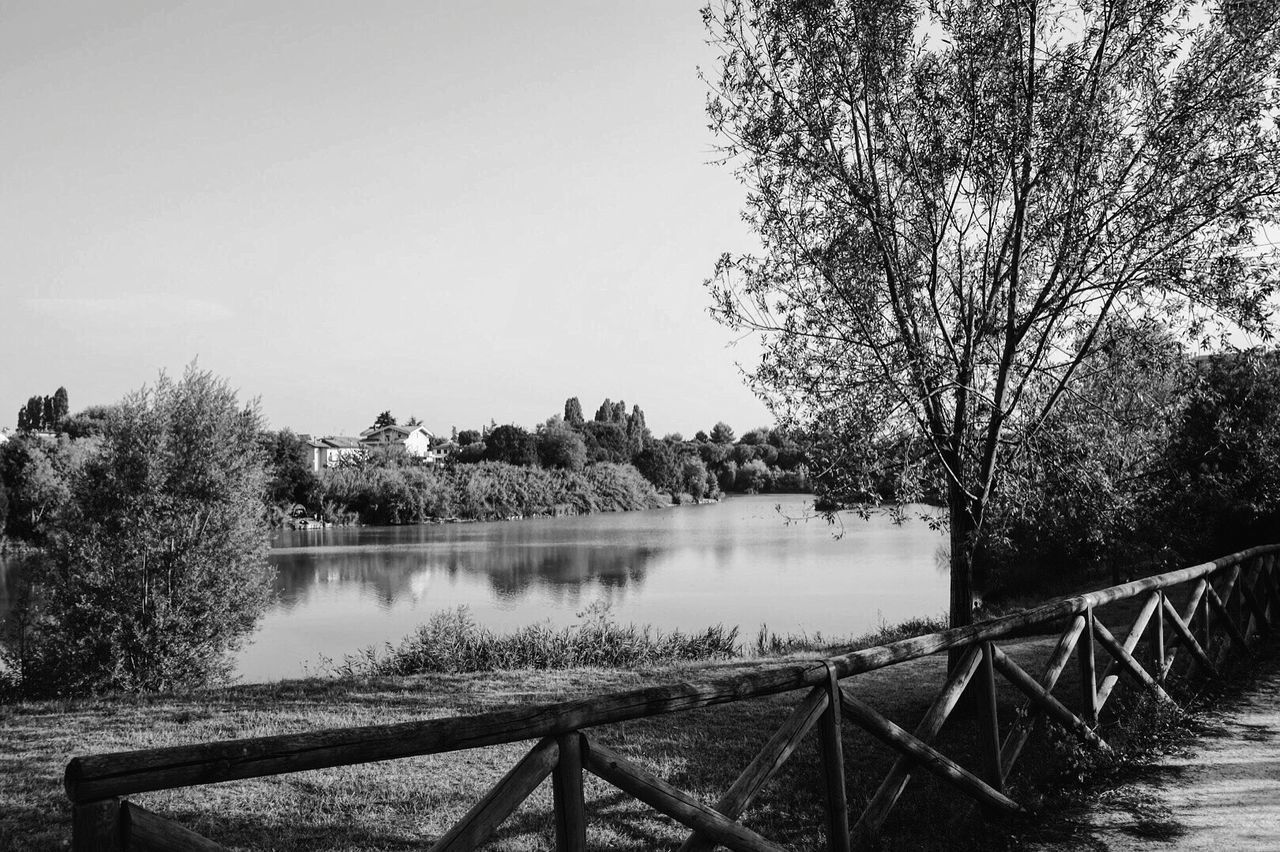 RIVER BY TREES AGAINST CLEAR SKY