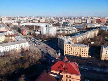 High angle view of buildings in city