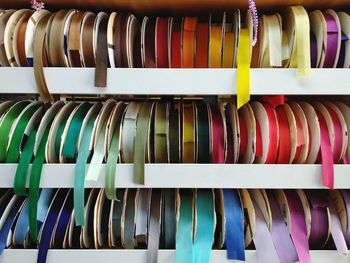 Full frame shot of colorful ribbons in store shelves 