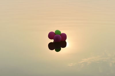 Multi colored balloons against sky during sunset