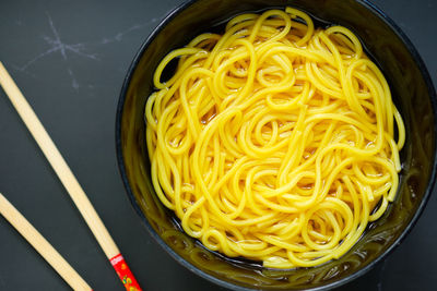 High angle view of noodles in bowl on table