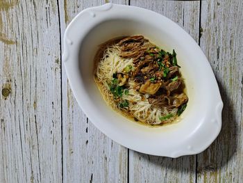 High angle view of pasta in bowl on table