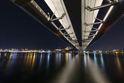 Illuminated bridge over river in city at night