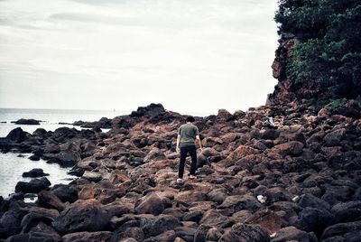 Rear view of man standing on rock at beach