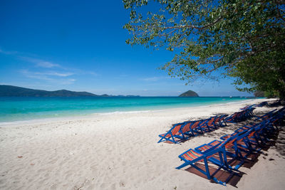 Scenic view of beach against blue sky