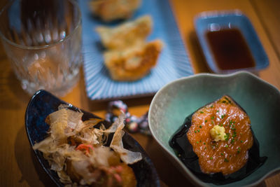 High angle view of meat in plate on table