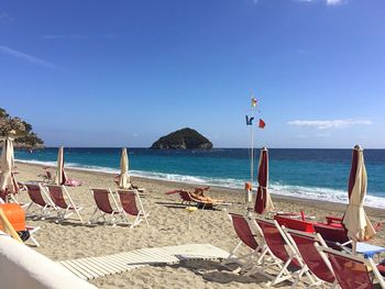 Scenic view of beach against clear blue sky