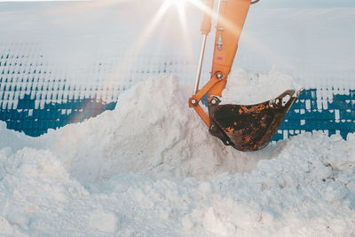 Snow removal after snowfall and blizzards. excavator loads snow into a truck. 