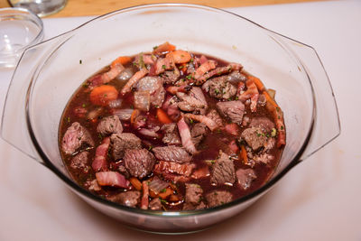 High angle view of meat in bowl on table