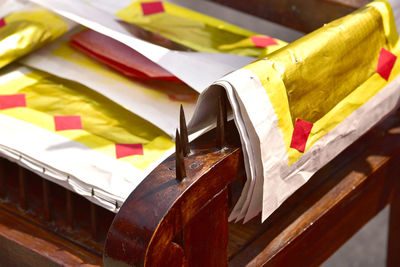 High angle view of books on table