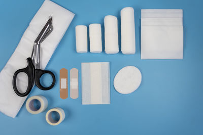 Directly above shot of objects on blue background