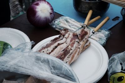 High angle view of meat on table