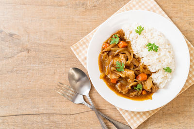 High angle view of food in plate on table