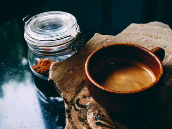 High angle view of drink in jar on table
