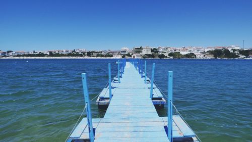 Scenic view of sea against clear blue sky