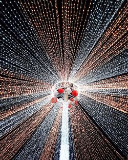 Rear view of people standing in illuminated tunnel