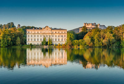 Reflection of buildings in lake