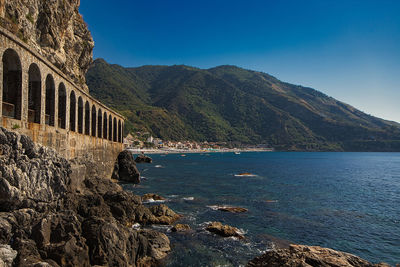 Scenic view of bay against clear blue sky