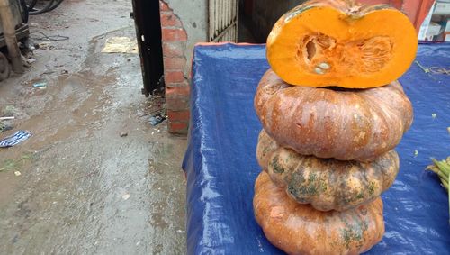 High angle view of pumpkins for sale at market stall