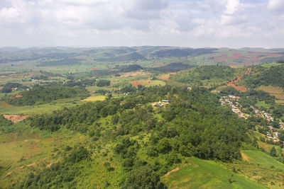 High angle view of trees on landscape against sky