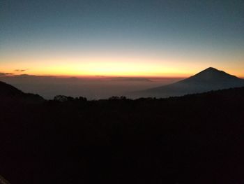 Scenic view of silhouette mountains against sky at sunset