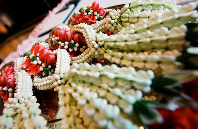 Close-up of flower garlands at market