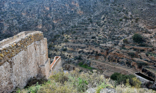 High angle view of old ruin on mountain