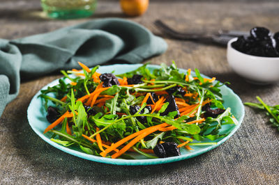 High angle view of salad in bowl on table