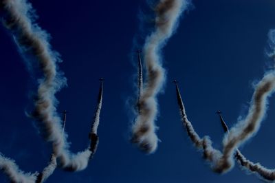 Japan air self defense force aerobatic team blue impulse performing in deep blue sky