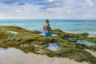 Rear view of man standing at beach against sky